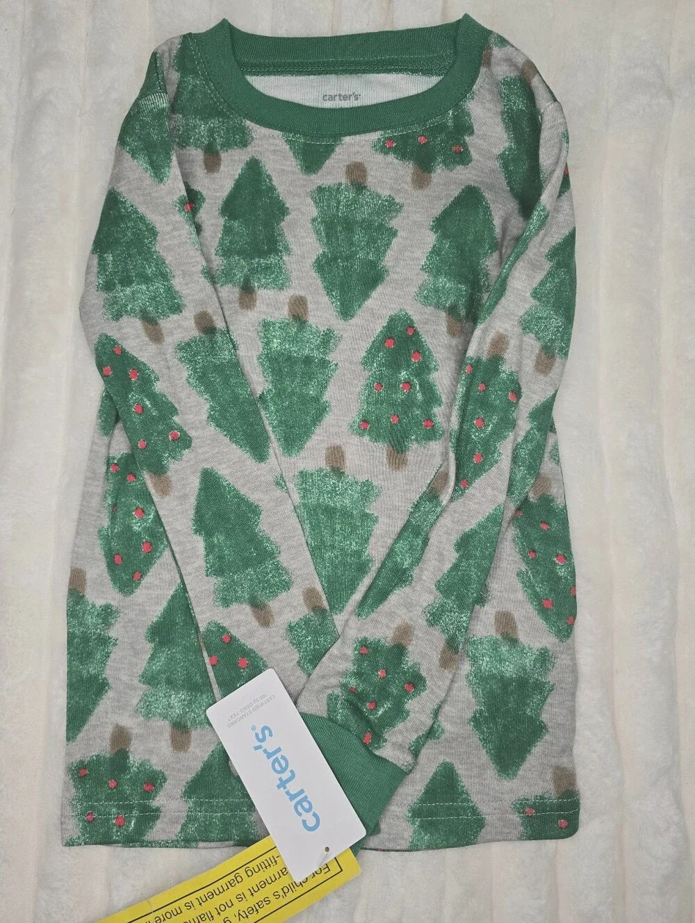 Carter's Green Festive Tree Print Kids Pajama Set with Red Dot Accents 4T NWT